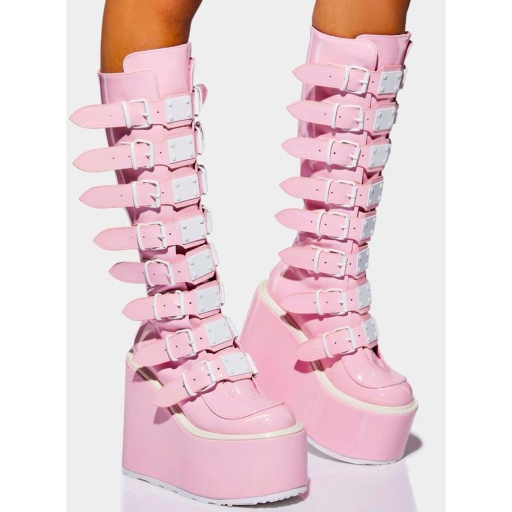Demonia holographic pink knee high double buckle strap white metal plate boots 7